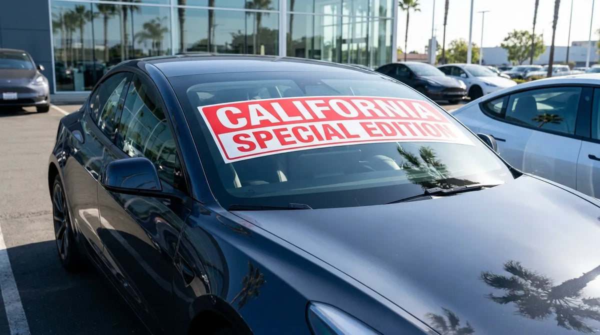 Modern car at a California dealership with an advertising banner across the windshield