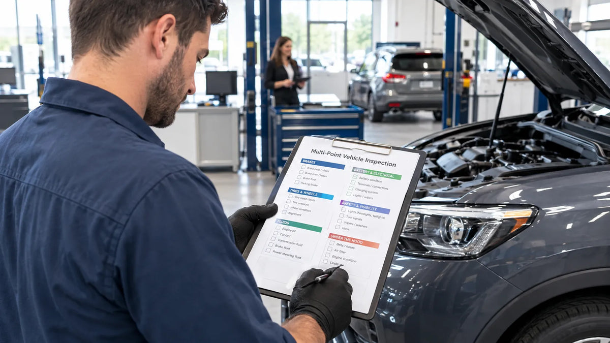 Technician completing a vehicle inspection sheet during a multi-point inspection