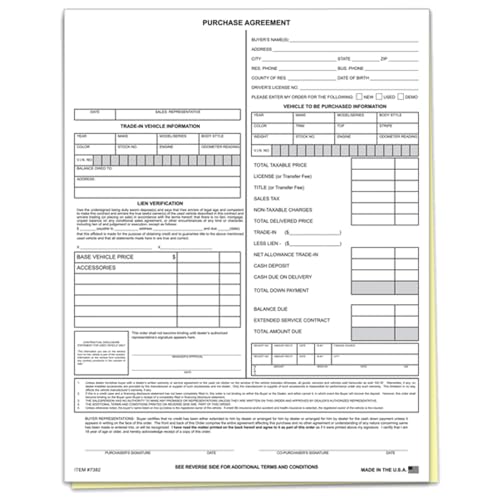 Car Dealership Purchase Agreements for Smooth Business Transactions - 8-1/2" × 11" 2-Part Edge-Glued Forms - Carbonless White, Canary