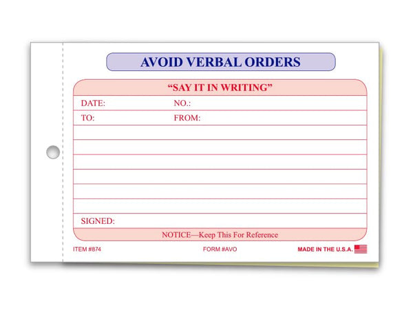 Avoid Verbal Orders Book - 6-3/4" × 4-1/4" 2-Part Carbonless Forms with Wrap-Around Cover for Permanent Written Records - White, Canary - 1 Book (50 Sets)