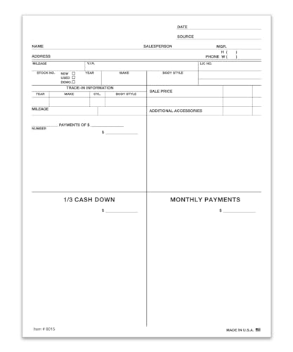 Four Square Form / Customer Proposal for Car Dealerships - 8-1/2" x 11", 1-Part Padded Design for Contract Negotiations with Sections for Vehicle Price, Trade-In, Down and Monthly Payments