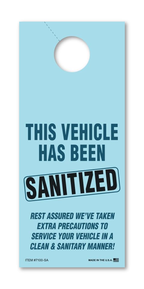 Blue Sanitized Hang Tags for Automotive Service - 3-2/3" × 8-1/2" Size, 65# Paper - Maintain Cleanliness and Hygiene in Car Dealerships