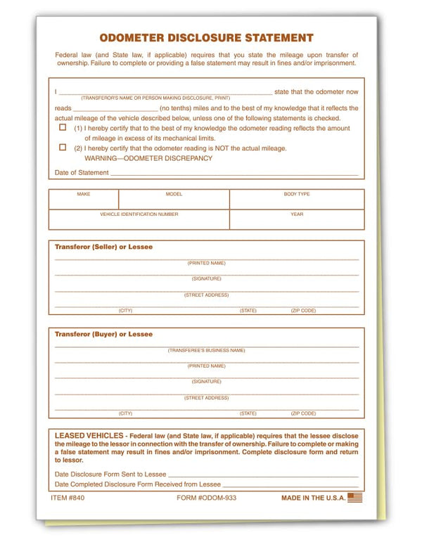 Pre-Aligned Odometer Disclosure Statements - 5-2/3" × 8-1/4" 2-Part Edge-Glued/3-Part Snap-Out Carbonless Forms - Perfectly Align with Pre-Programmed Printers - White, Canary, Pink