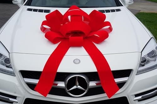 Premium Red Velvet Giant Car Bow - 30" Wide Vinyl Bow with Two 30" Long X 4 ½" Wide Tails - Weather-Resistant, Waterproof, Magnetic Base Bow for Indoor and Outdoor Use