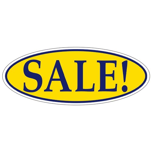 SALE! Dark Blue on Yellow Oval Window Sticker for Car Dealerships - 14" x 5-1/2" Size - Premium Weatherproof Vinyl for Long-Lasting Visibility