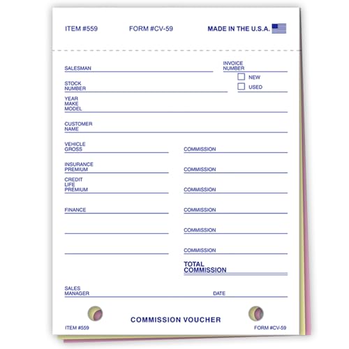 Commission Voucher (Form CV-59) - 4-1/4" x 5-5/8" Size, 3-Part Snap-Out Carbonless Forms (White, Canary, Pink) - Pre-Punched File Holes - Accurate Sales Commission Tracking