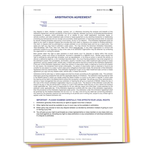 Arbitration Agreement Form for Dealerships - 8.5" x 11.75" Size - 4-Part Snap-Out Carbonless (White, Canary, Pink, Goldenrod) - Avoid Expensive Litigation