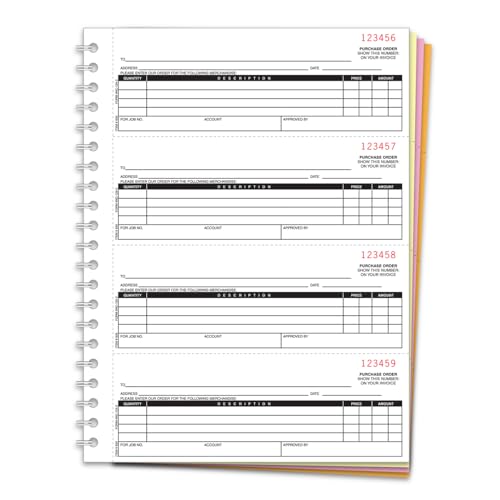 Purchase Order Books (Form NC-124-4) - 4-Part (White, Canary, Pink, Goldenrod) Carbonless Paper - 4 Orders/Page (2-3/4" x 7-1/2" Each) - 8.5" x 11" Heavy Duty Coil Bound Books