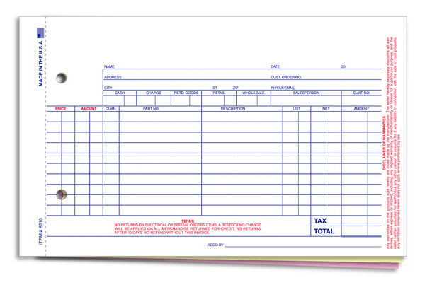 Professional Grade Automotive Parts Invoice - 3-Part Snap-Out Carbonless Invoice with Designated Areas for Parts, List/Net Price, and Amount, Dimensions 9-1/8" × 5-2/3"