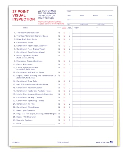 27 Point Inspection - 2 Part Carbonless Vehicle Inspection Form for Customer Satisfaction and Additional Repairs - 8-1/2"×11" Edge Glued - White, Canary