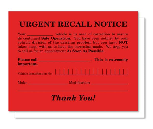 Urgent Recall Notice Cards - Fluorescent Red 5-1/2" x 4-1/4" 1-Part Card Stock with Black Printing - Effective Communication of Safety Recalls