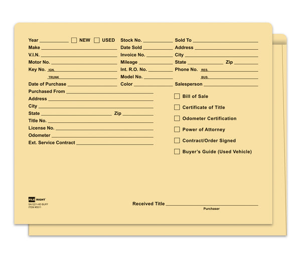 Heavy Duty Vehicle Deal Jackets 100# Stock (8 Pt.) - 12" × 9-3/8" Printed Car Dealer Envelopes - Includes 1/2" Extension, Rounded Corners - Multiple Colors Available