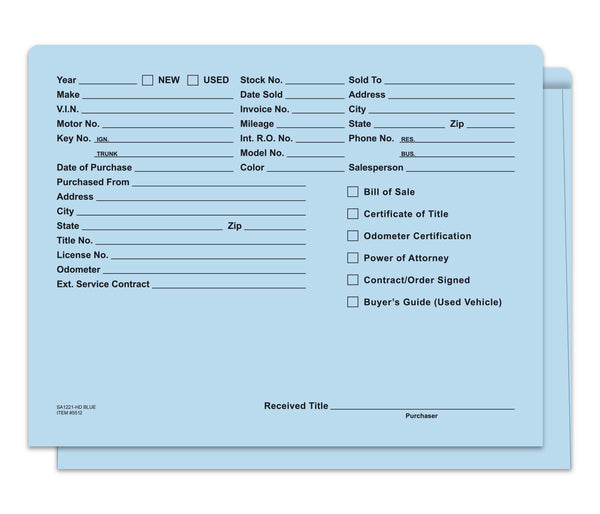 Heavy Duty Vehicle Deal Jackets 100# Stock (8 Pt.) - 12" × 9-3/8" Printed Car Dealer Envelopes - Includes 1/2" Extension, Rounded Corners - Multiple Colors Available