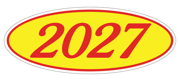 Oval Year Window Stickers - Red on Yellow Window Stickers - Durable, Weatherproof Vinyl with Easy On/Off Adhesive - Back Slit for Seamless Installation - 14" × 5-1/2