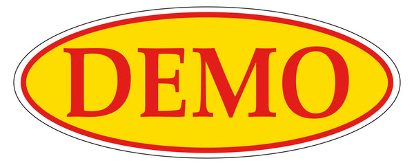 DEMO Red on Yellow Oval Window Sticker for Car Dealerships - 14" x 5-1/2" Size - Premium Weatherproof Vinyl for Long-Lasting Visibility