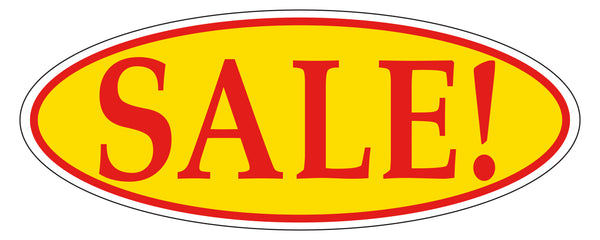 SALE! Red on Yellow Oval Window Sticker for Car Dealerships - 14" x 5-1/2" Size - Premium Weatherproof Vinyl for Long-Lasting Visibility
