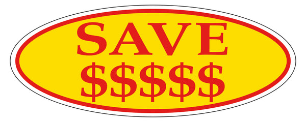 SAVE $$$$$ Red on Yellow Oval Window Sticker for Car Dealerships - 14" x 5-1/2" Size - Premium Weatherproof Vinyl for Long-Lasting Visibility