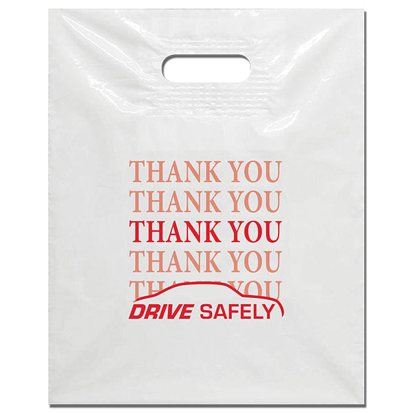 White Plastic Patch Handle Bags with Red Imprint - 12" x 15" - Durable Low-Density Polyethylene - Die-Cut Handle with 4 mil Patch Reinforcement