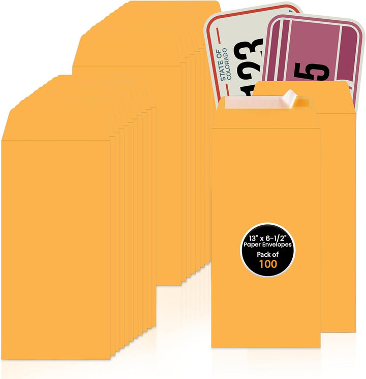 License Plate Mailing Envelopes 13" x 6.5" - Self Seal Peel & Press Paper Envelopes for Standard Auto Plates, DMV & Dealership License Plate Mailers, Fleet Storage & Automotive Document Envelopes