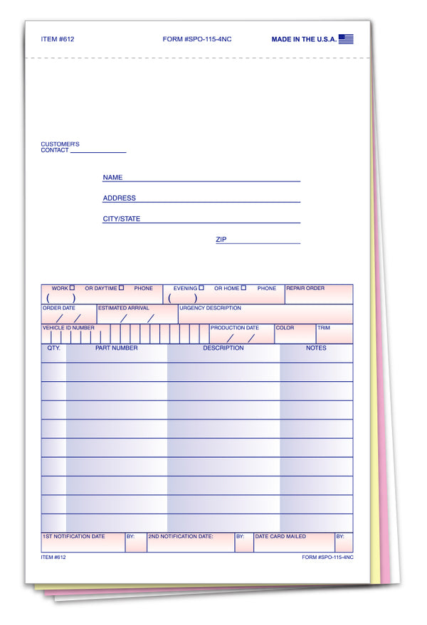 Special Parts Order Forms (SPO-115-4NC) - 4-Part Carbonless Snap-Out Forms with Customer Message Section and Postcard Mailer - 5-2/3" × 9-1/4" Size Multi-Colored Copies