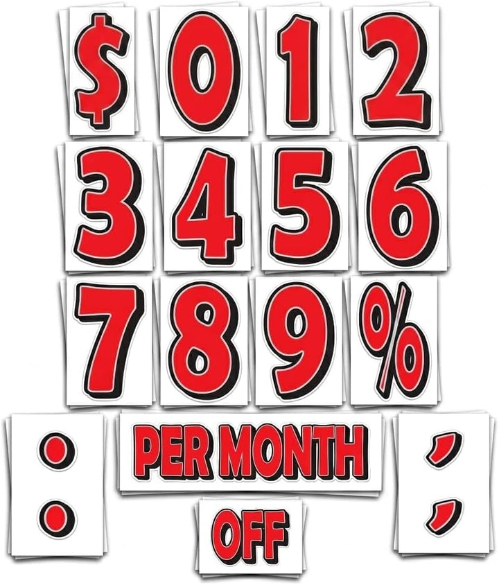 Giant Magnetic Numbers for Vehicles 10" x 16" – Red Magnetic Car Lot Pricing Numbers, Sign & Slogan with Gray Border, Reusable Magnetic Signs for Auto Dealers - 2 Pieces Each (Total 32 Pieces)