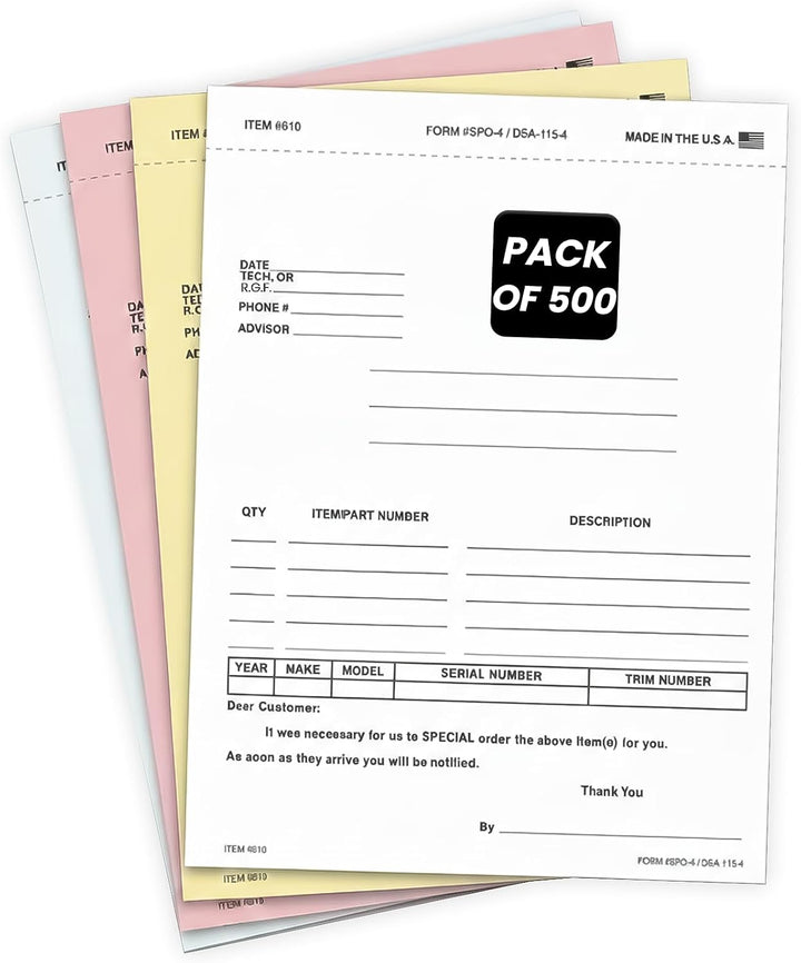 Special Parts Order Forms SPO-4 – 4-Part Carbonless Snap-Out Automotive Parts Order NCR Forms with Postcard Mailer, Dealership & Repair Shop Parts Request Forms, 5-2/3" x 7-1/2"