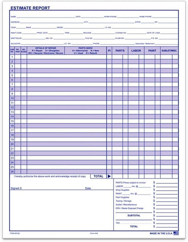 Repair Estimate Form - 8.5" × 11" Size, 20# White Paper, 50 Sheets per Pad - Professional Solution for Automotive Dealerships and Repair Shops, Large Dealer Name and Address Area