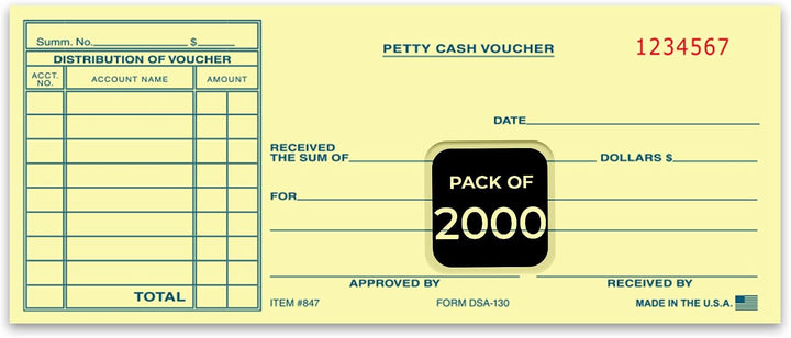 Petty Cash Voucher Book – 8.5 x 3.5 Canary Pre-Numbered Cash Disbursement Receipt Forms, 1-Part Expense Tracking Vouchers for Accounting, Bookkeeping & Office Records