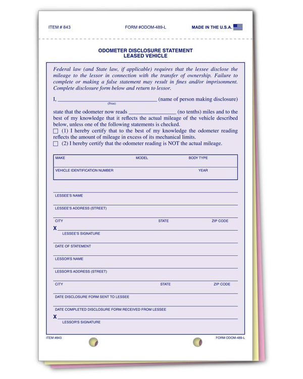 Lease Odometer Statements for Pre-Programmed Printers - 5-2/3" × 9-1/8" 3-Part Snap-Out Carbonless Forms - Complies with Federal Mileage Disclosure Laws - White, Canary, Pink