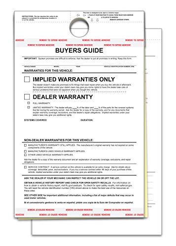 Implied Warranty – No Lines Hanging Buyers Guide - 8-1/2" × 11-3/4" 2-Part Carbonless (White/Canary) with Adhesive Tape - Large 1-1/8" Hole for Easy Mirror Fitting