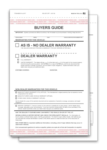 As-Is – No Lines Buyers Guide for Car Dealerships – 2-Part, Carbonless, Snap-Out, White/White Forms - 7-1/3" × 11-3/4" Window Display Ready with Adhesive Tape