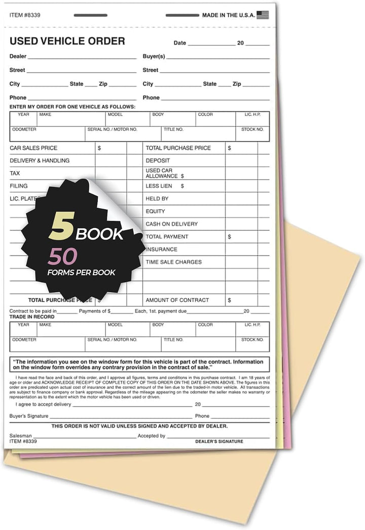 Used Vehicle Order Books – 5.5" × 9" 3-Part Snap-Out Carbonless Auto Sales Worksheets & Final Sales Agreement Forms with Heavy-Duty Wrap-Around Cover | 50 Forms per Book