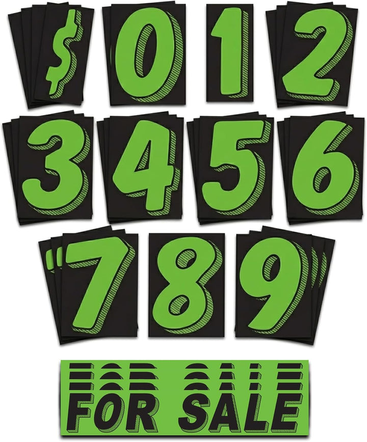 7.5" Vinyl Windshield Number Decals Fluorescent Green on Black – Waterproof Large Car Lot Pricing Stickers - Includes Numbers 0–9, Dollar Sign, “for Sale” for Auto Window - 144 Pcs (12 per Each)