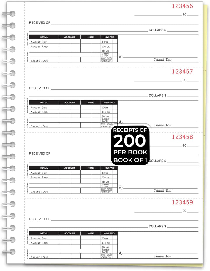 Cash Receipt Book NC-146-2 Carbonless Receipt Book Coil Bound - 8.5 x 11 Duplicate Receipt Forms, 2 Part / 3 Part / 4 Part White Canary, Heavy Stock Cover, 4 Receipts per Page, 200 Receipts/Book - Book of 1