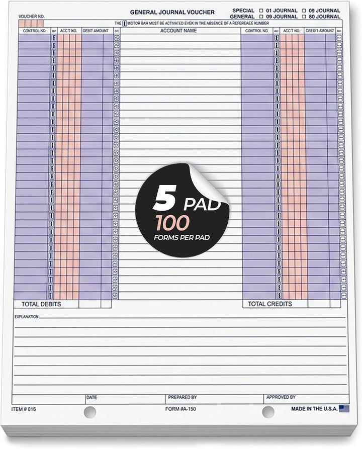 General Journal Vouchers (Form A-150) – Compatible with Most Computer Software Systems, 8.5" × 11" 1-Part Cut Sheet Financial Record-Keeping Forms on 20# White Paper | 100 Sheets/Pad
