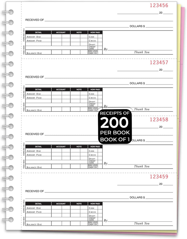 Cash Receipt Book NC-146-2 Carbonless Receipt Book Coil Bound - 8.5 x 11 Duplicate Receipt Forms, 2 Part / 3 Part / 4 Part White Canary, Heavy Stock Cover, 4 Receipts per Page, 200 Receipts/Book - Book of 1