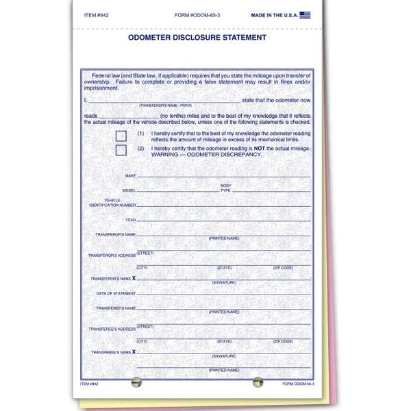 Plain Odometer Disclosure Statements with Blue Screen/No Screen - 5-2/3" × 9-1/8" 3-Part Snap-Out Carbonless Forms with 2 File Holes for Easy Posting - White, Canary, Pink