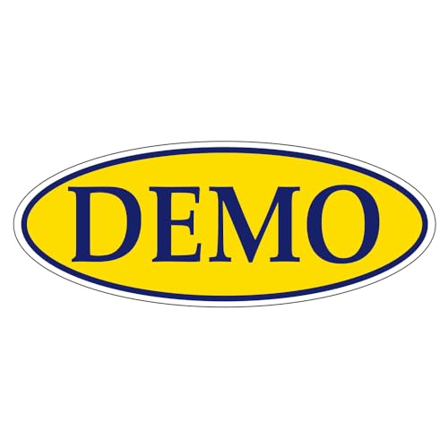 DEMO Dark Blue on Yellow Oval Window Sticker for Car Dealerships - 14" x 5-1/2" Size - Premium Weatherproof Vinyl for Long-Lasting Visibility