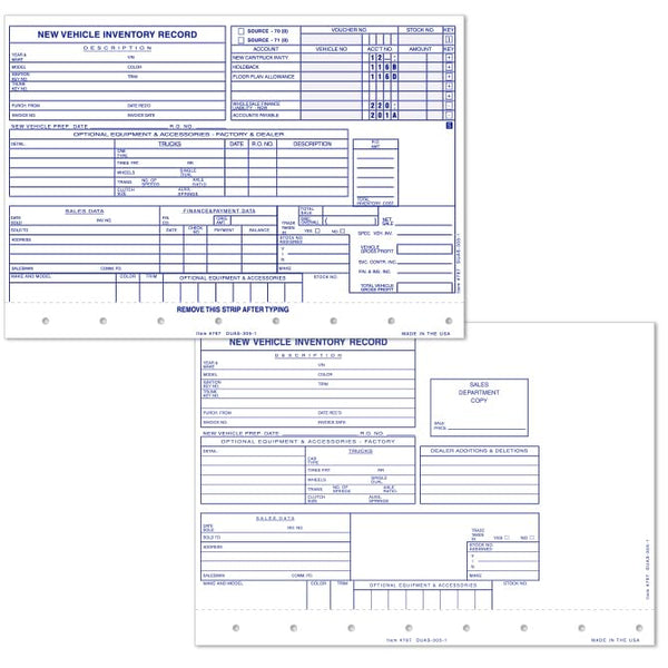 New Vehicle Inventory Cards - 2-Part Snap-Out with Stub, Patterned Carbon on 100# Tag Paper - 8" x 5-5/8" - Accounting and Sales Information - Ideal for Automotive Dealerships