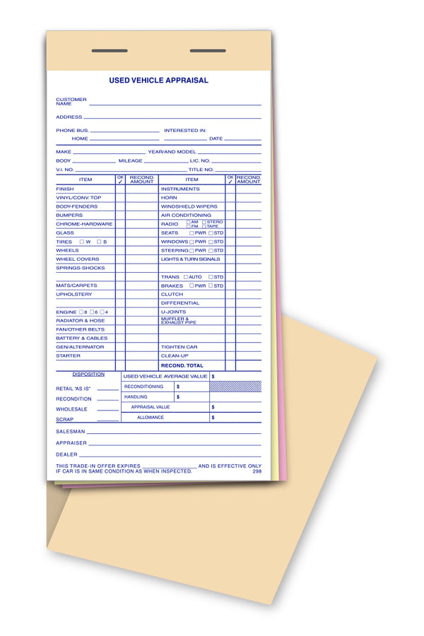 Used Vehicle Appraisal Book (Form 298) - 3-Part Snap-Out Forms with Heavy-Duty Wrap-Around Cover - 25 Forms per Book, Size 4.25" × 8.5"