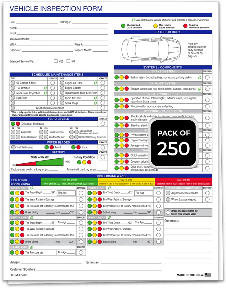 Multi-Point Vehicle Inspection Form – 2-Part Carbonless Auto Inspection Checklist Pad, 8.5" x 11" Dealer Service Report Sheet, Professional Automotive Inspection Forms (White)