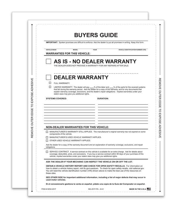 As-Is Interior Buyers Guide for Car Dealerships - 8-1/2" x 11" Size 1-Part Fade-Resistant Forms with FTC Regulations - Laser Compatible and Permanent Self-Adhesive on 4 Sides