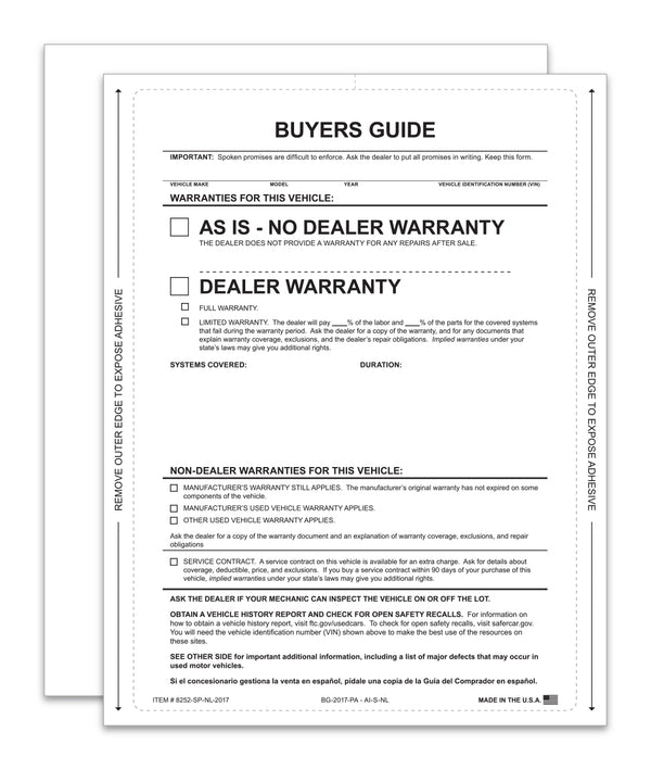 As-Is – No Lines Interior Buyers Guide for Car Dealerships - 8.5" x 11" 1-Part Fade-Resistant Forms with FTC Regulations - Laser Compatible and Permanent Self-Adhesive on 4 Sides