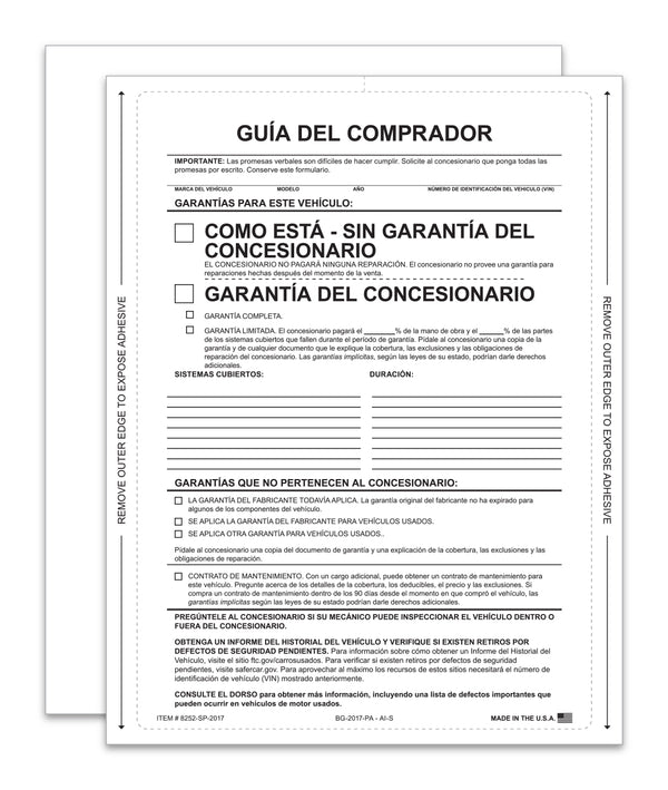 As-Is – Spanish Interior Buyers Guide for Car Dealerships - 8.5" x 11" 1-Part Fade-Resistant Forms with FTC Regulations - Laser Compatible and Permanent Self-Adhesive on 4 Sides