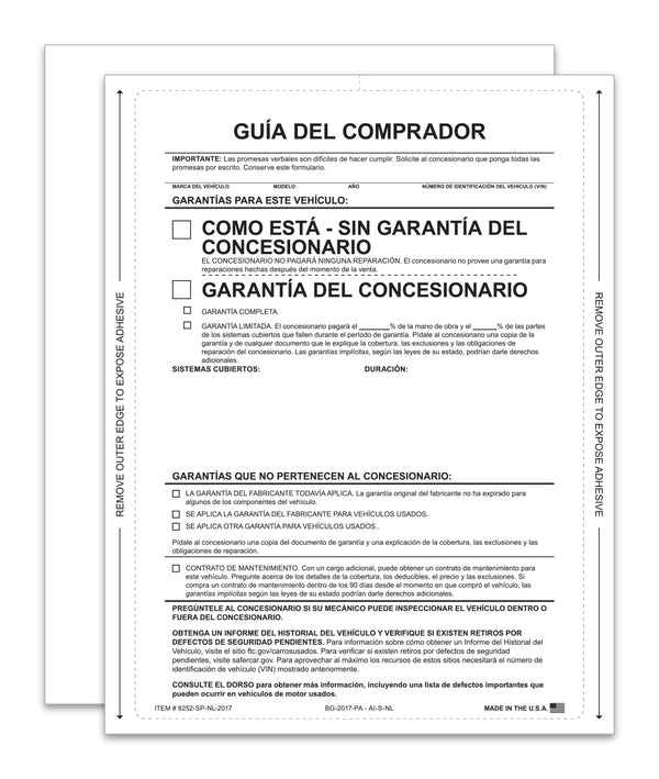 As-Is Spanish No Lines Interior Buyers Guide for Car Dealerships - 8.5" x 11" 1-Part Fade-Resistant Forms with FTC Regulations - Laser Compatible and Permanent Self-Adhesive on 4 Sides