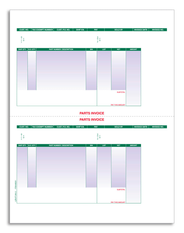 Laser Parts Invoices (Form LZR-PT-INV-2) - 8.5" x 11" Size with Micro-Perforated at 5.5" for Easy Separation - 1-Part - 20# White Laser Paper
