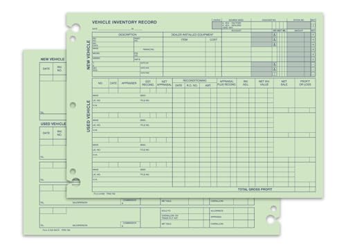 Automotive Vehicle Inventory Records - 10-3/8" × 7-1/2" Size, 28# Green Tint Paper - Front and Back Printed Standard Industry Forms - Keyhole Punched for Binder Storage