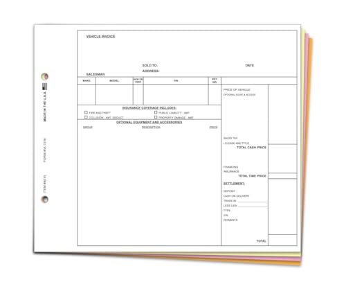 Vehicle Invoice (Form VI-131N) - 9-1/4" x 7-7/8", 4-Part Edge Glued Carbonless Copies (White, Canary, Pink, Goldenrod) - Comprehensive Vehicle Sales Invoice