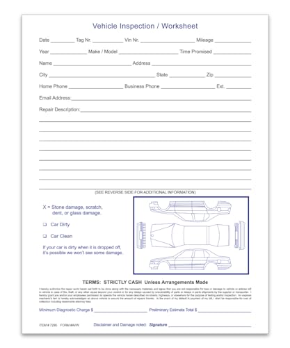 Vehicle Inspection Worksheet - 1 Part Pre-Service Write-Up Form with All Parts in Full Color - 8-1/2"×11" Padded and Convenient Vehicle Checklist - White