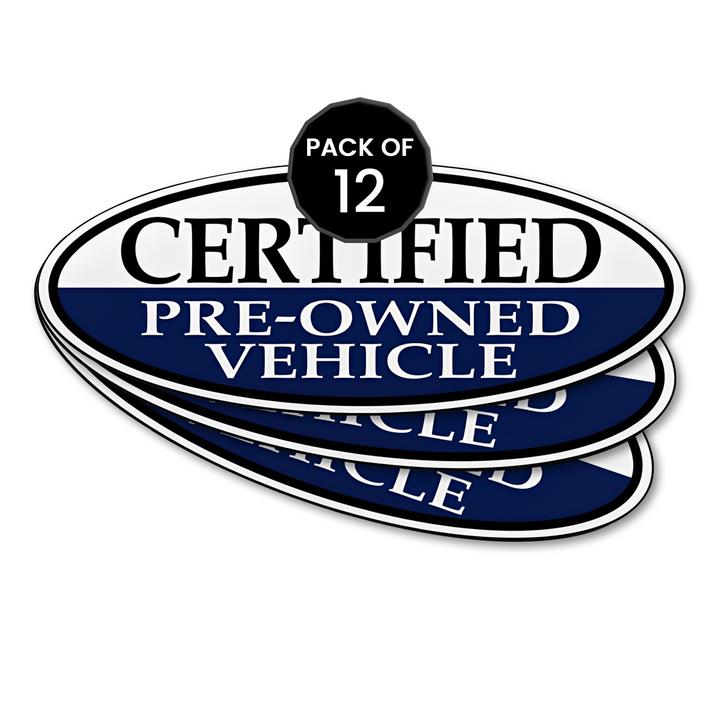 Certified Pre-Owned Vehicle Blue Oval Window Sticker for Car Dealerships - 14" x 5.5" - Premium Removable Vinyl, Durable and Weatherproof - Easy Installation with Slit Backing